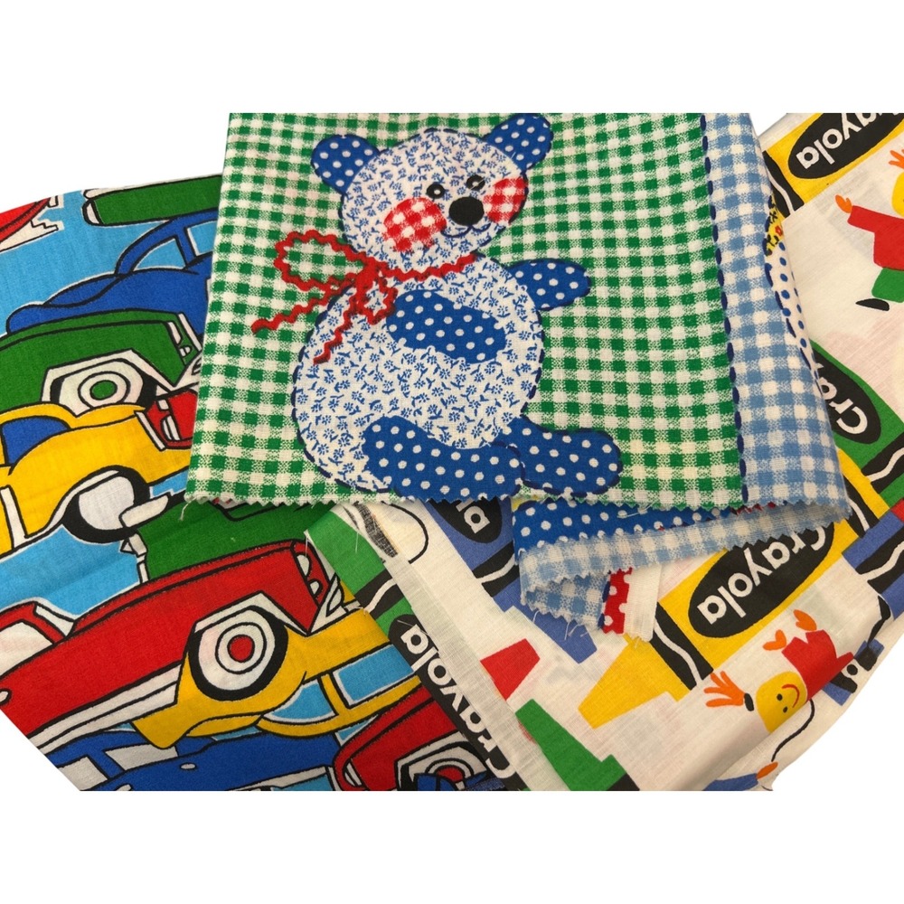 90s Crayola & Novelty Cotton Fabric Remnants Kidcore Retro Nursery Scrap Bundle